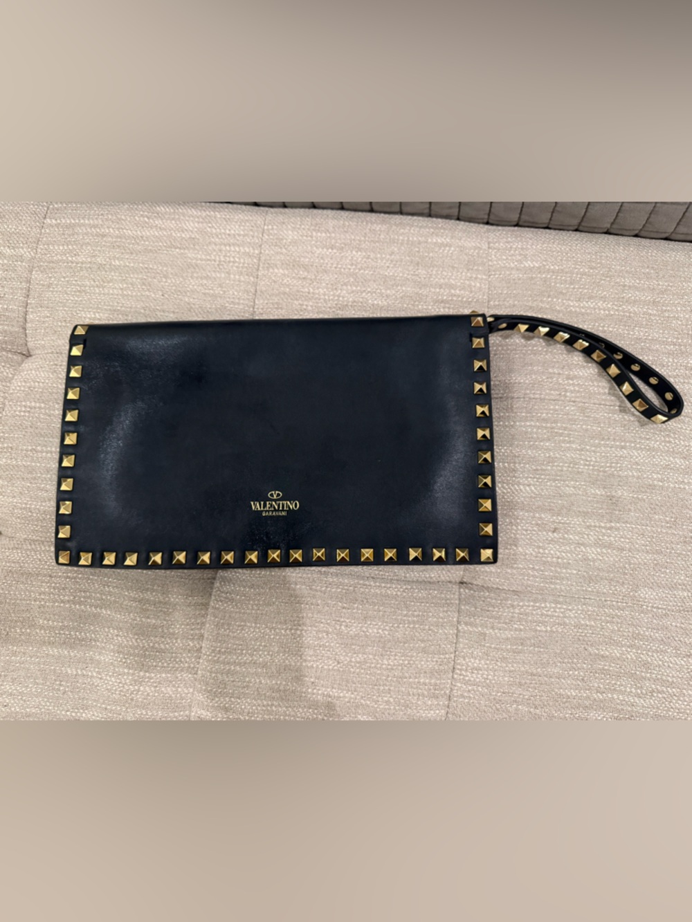 Valentino Garavani Black Leather Rockstud Wristlet with Gold Studs